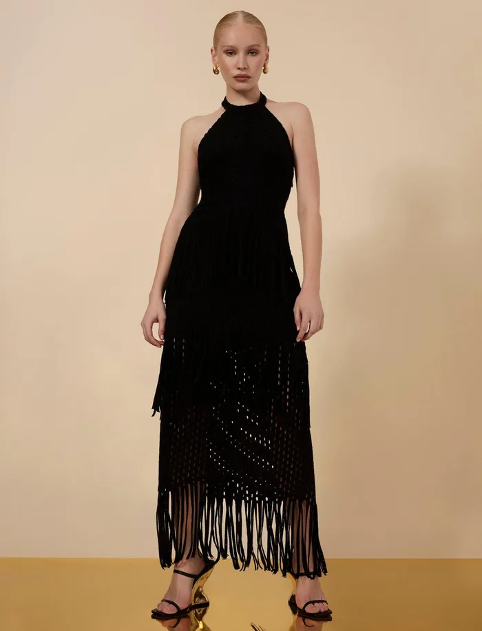 Women Dresses BCBG Maci Lace Fringe Midi Dress Black