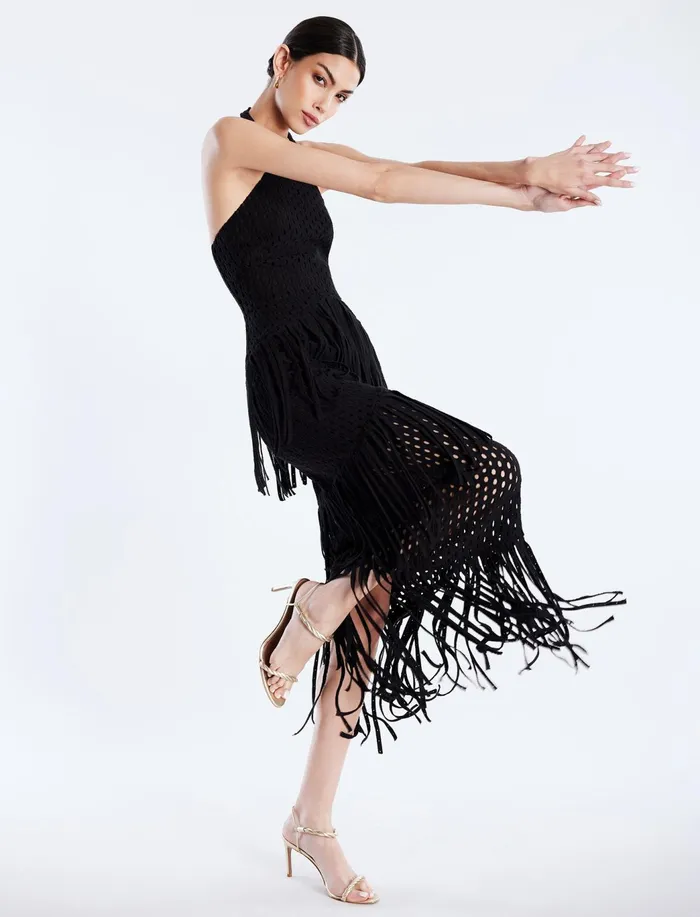 Women Dresses BCBG Maci Lace Fringe Midi Dress Black