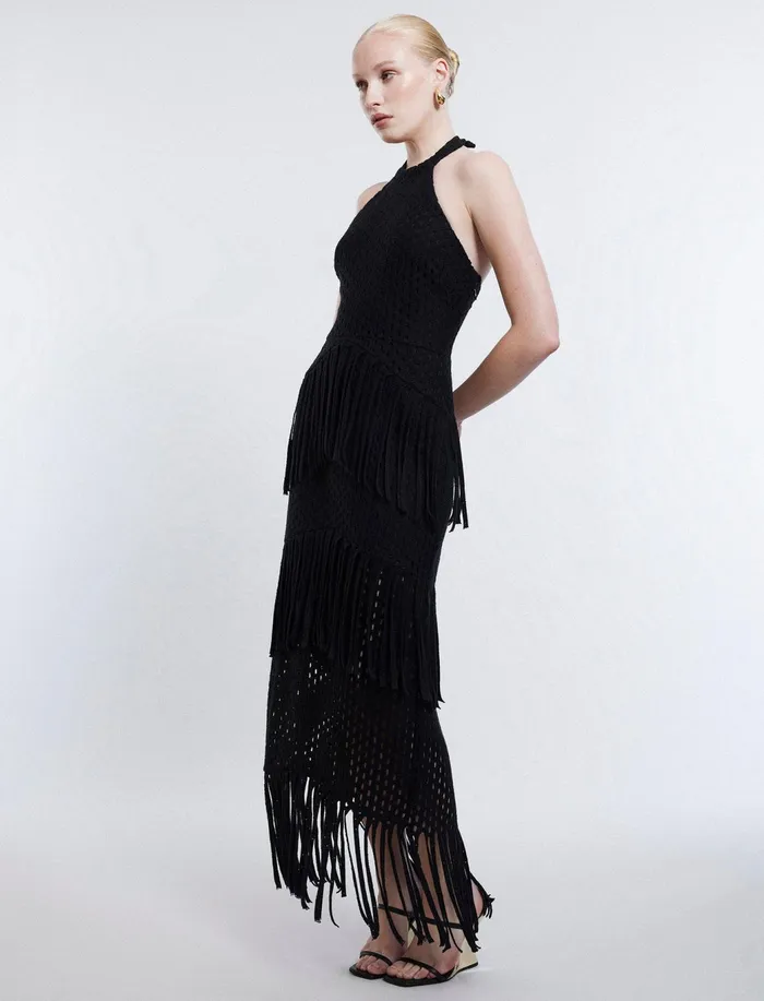 Women Dresses BCBG Maci Lace Fringe Midi Dress Black