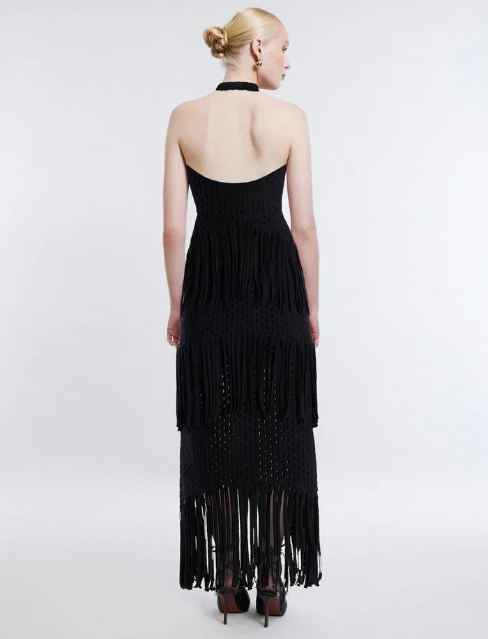 Women Dresses BCBG Maci Lace Fringe Midi Dress Black