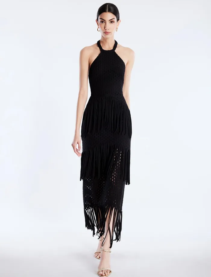 Women Dresses BCBG Maci Lace Fringe Midi Dress Black