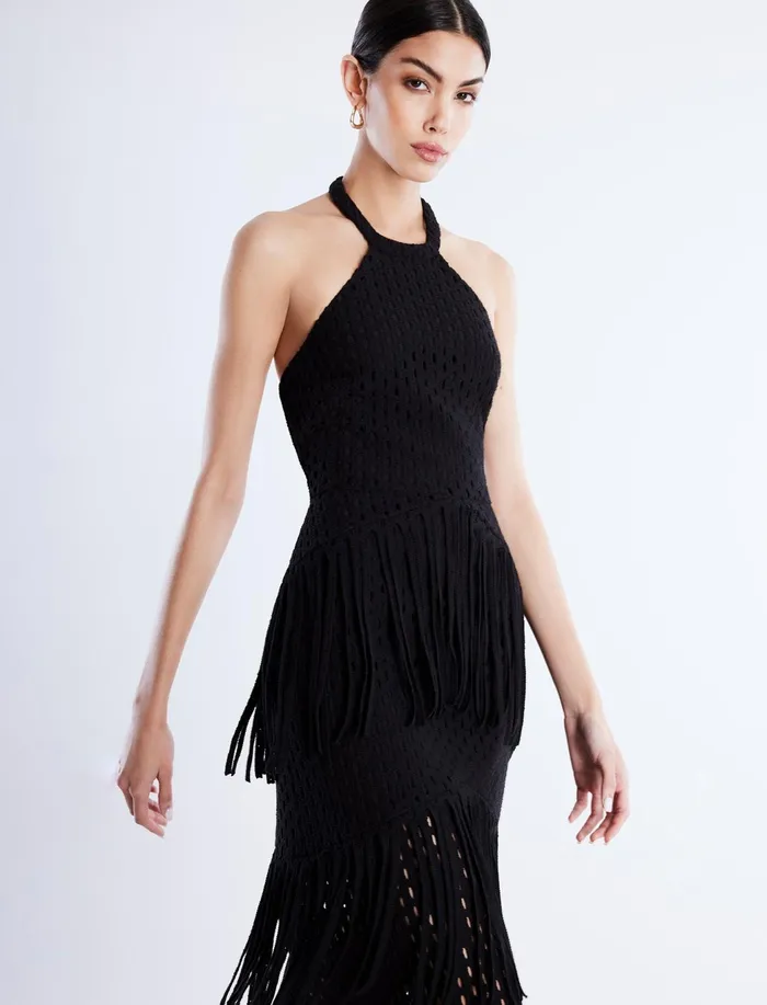 Women Dresses BCBG Maci Lace Fringe Midi Dress Black