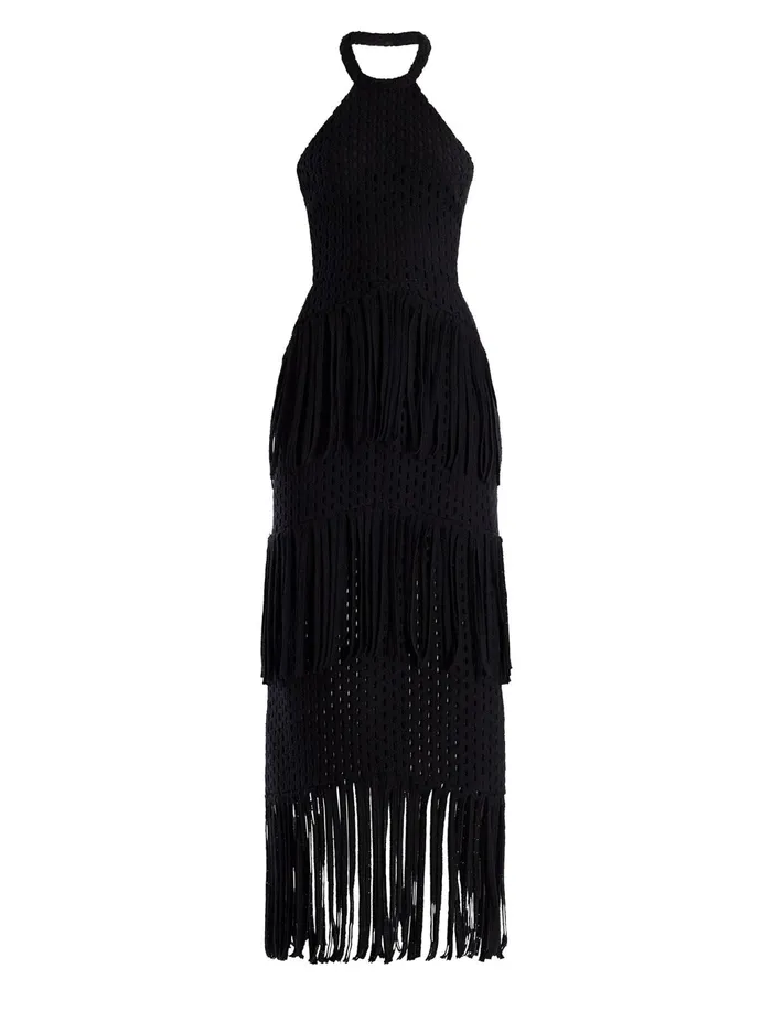 Women Dresses BCBG Maci Lace Fringe Midi Dress Black
