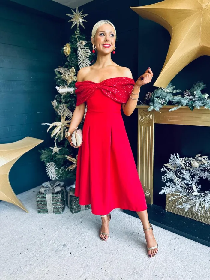 Women Evening Dress Canella Lane Blaire Sequin Bardot Occasion Dress Red