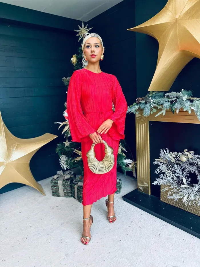 Women Evening Dress Canella Lane Christina Plisse Midi Dress Red