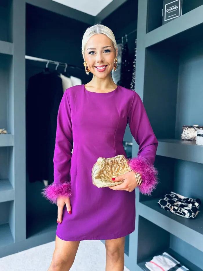 Women Evening Dress Canella Lane Eabha Feather Detail Mini Berry