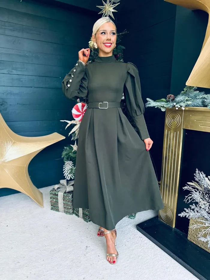 Women Evening Dress Canella Lane Faith Detailed Occasion Midi Dress Khaki