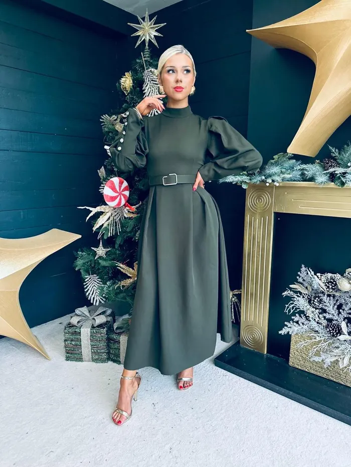 Women Evening Dress Canella Lane Faith Detailed Occasion Midi Dress Khaki