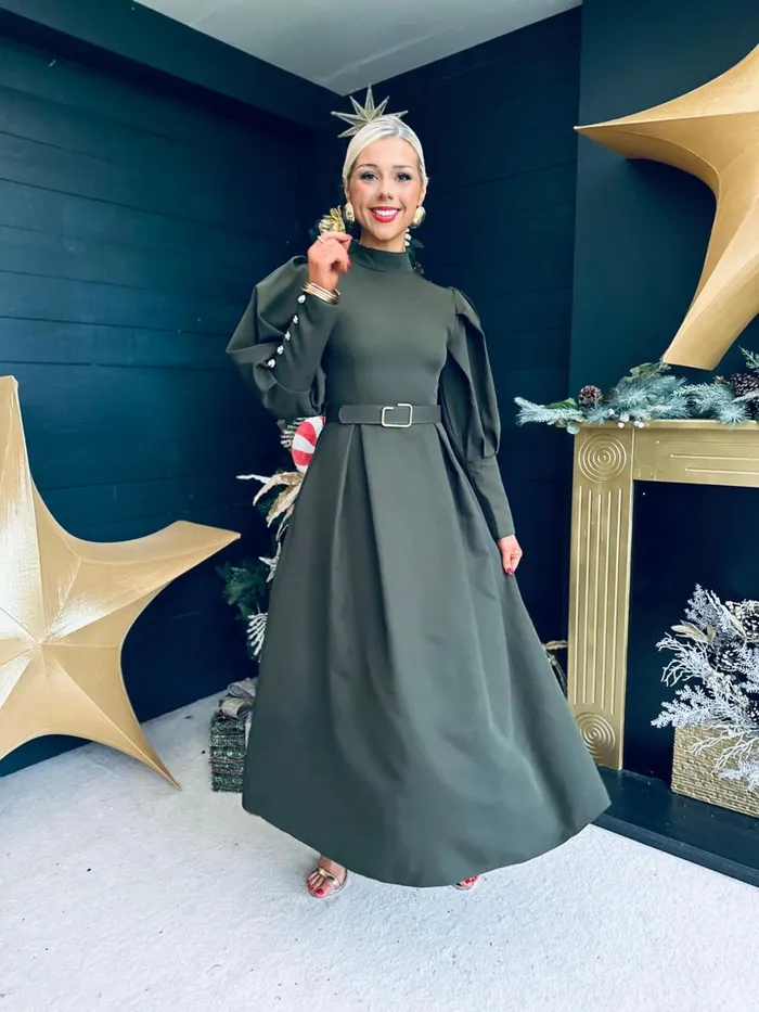 Women Evening Dress Canella Lane Faith Detailed Occasion Midi Dress Khaki