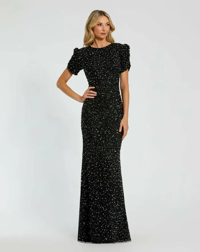 Women Evening Gowns Mac Duggal Black Gathered Short Sleeve Beaded Gown Black