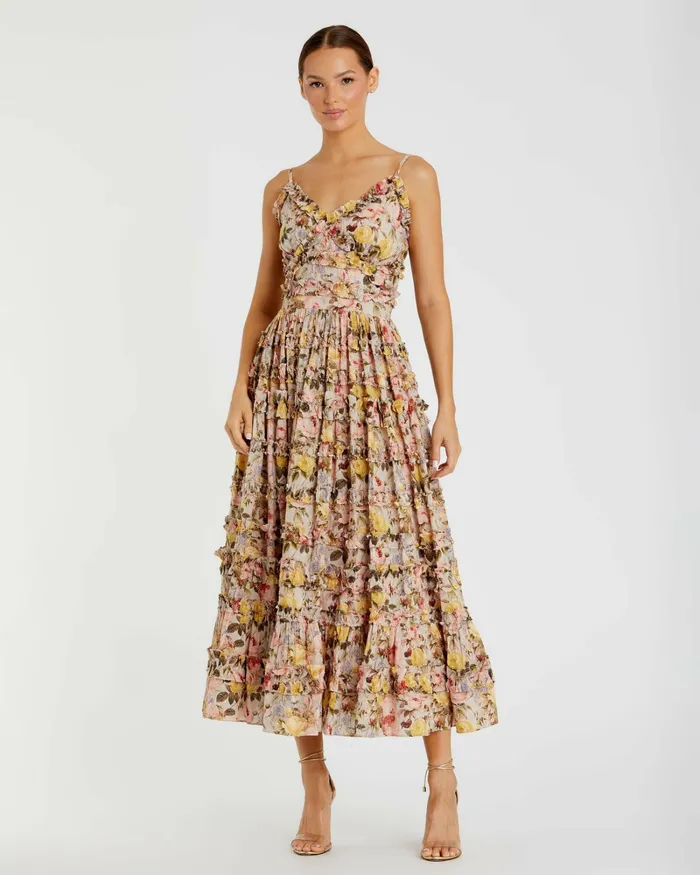 Women Floral Print Ruffle Tiered Midi Dress Ivory Multi Daytime Dresses Mac Duggal