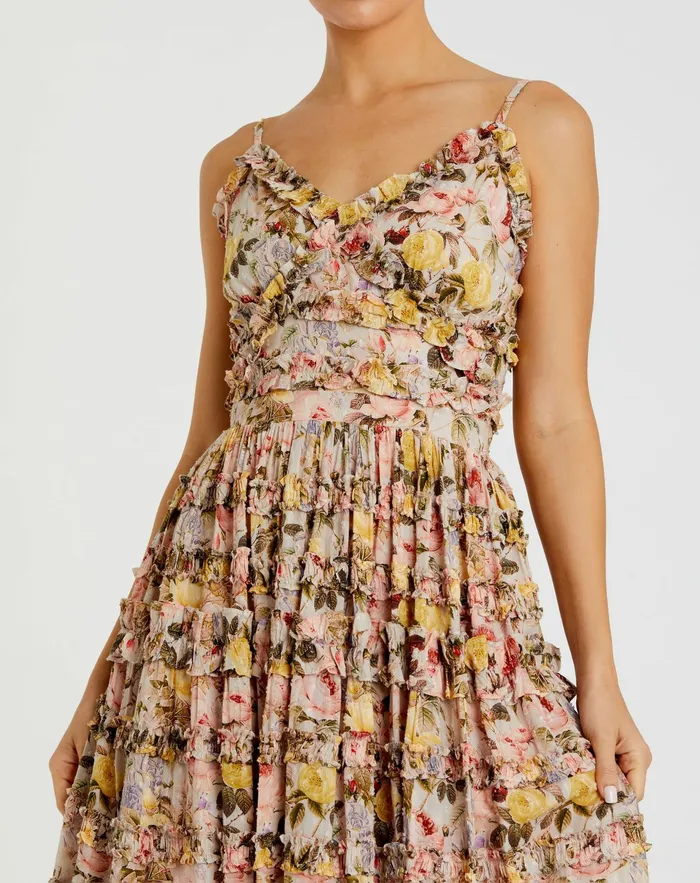 Women Floral Print Ruffle Tiered Midi Dress Ivory Multi Daytime Dresses Mac Duggal Women Floral Print Ruffle Tiered Midi Dress Ivory Multi Daytime Dresses Mac Duggal