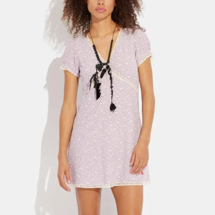 Women Floral V Neck Dress Light Purple Multi Coach Dresses