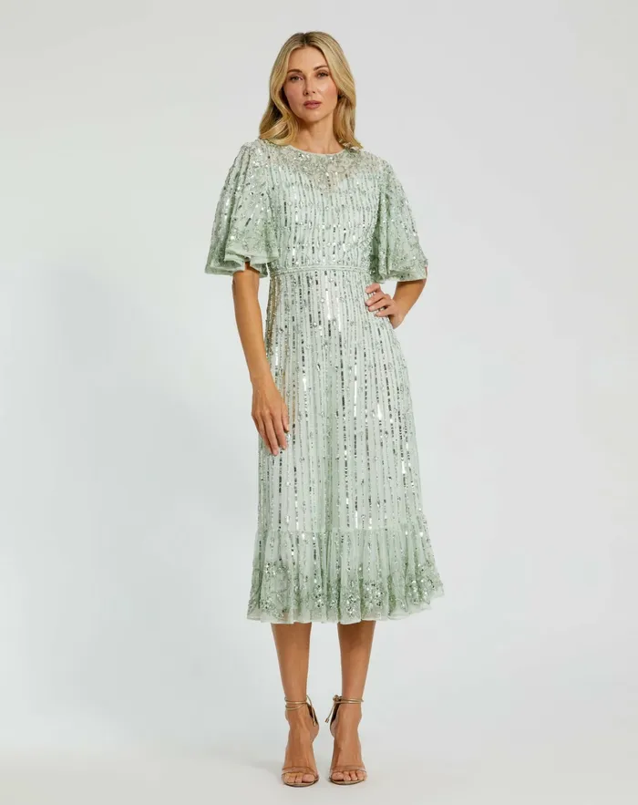 Women Flounce Sleeve Midi Dress Sage Cocktail Dresses Mac Duggal