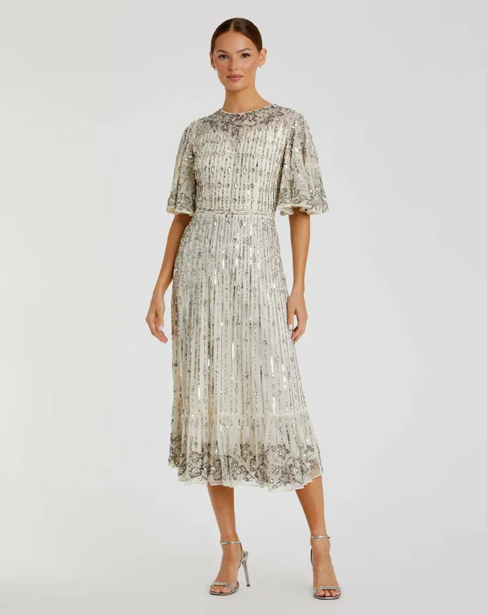 Women Flounce Sleeve Midi Dress Sage Cocktail Dresses Mac Duggal