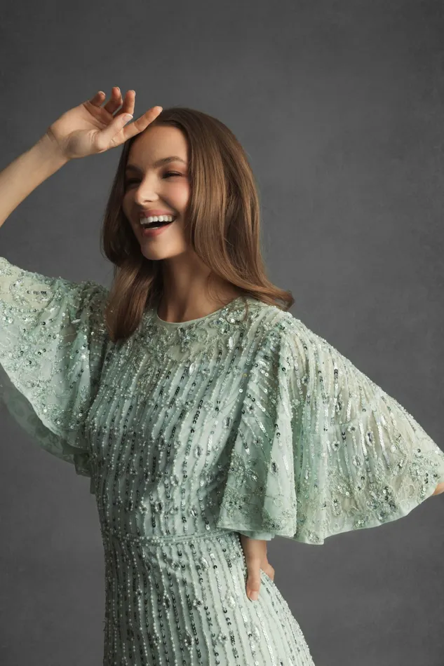 Women Flounce Sleeve Midi Dress Sage Cocktail Dresses Mac Duggal