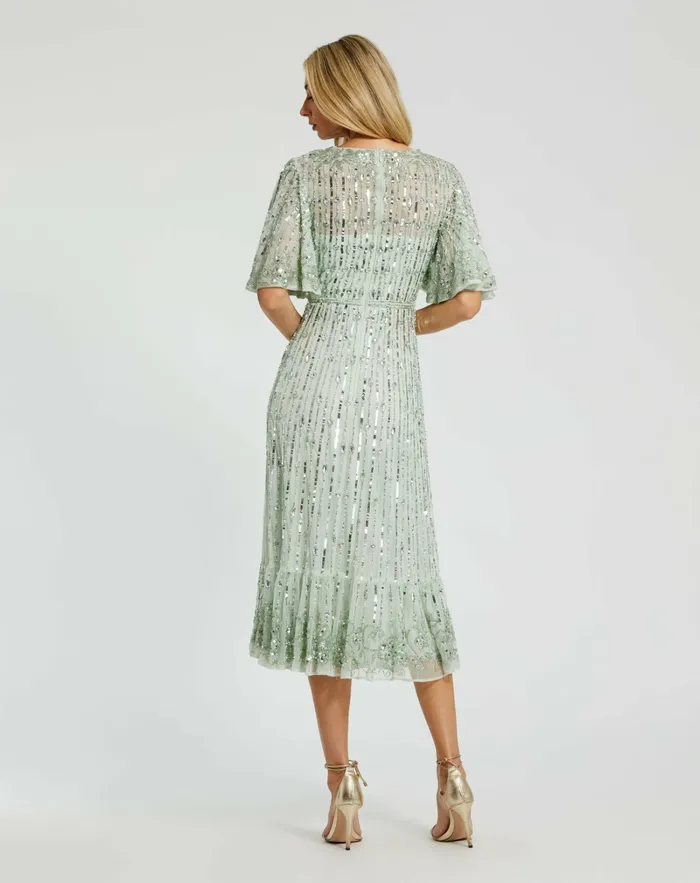Women Flounce Sleeve Midi Dress Sage Cocktail Dresses Mac Duggal
