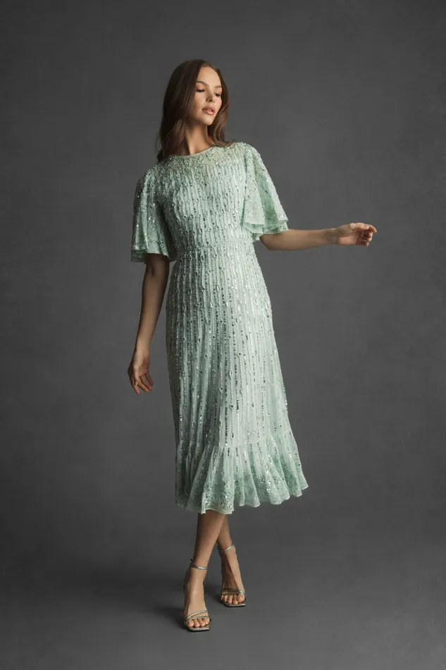 Women Flounce Sleeve Midi Dress Sage Cocktail Dresses Mac Duggal