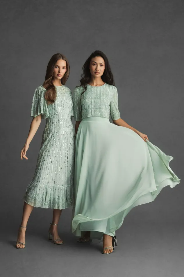 Women Flounce Sleeve Midi Dress Sage Cocktail Dresses Mac Duggal