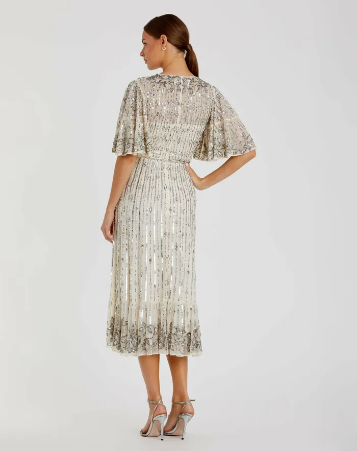 Women Flounce Sleeve Midi Dress Sage Cocktail Dresses Mac Duggal