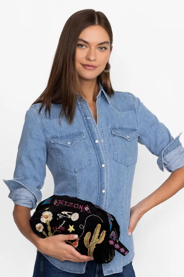 Women Handbags Johnny Was ARIZONA COTTON VELVET MAKEUP BAG Black Women Handbags Johnny Was ARIZONA COTTON VELVET MAKEUP BAG Black