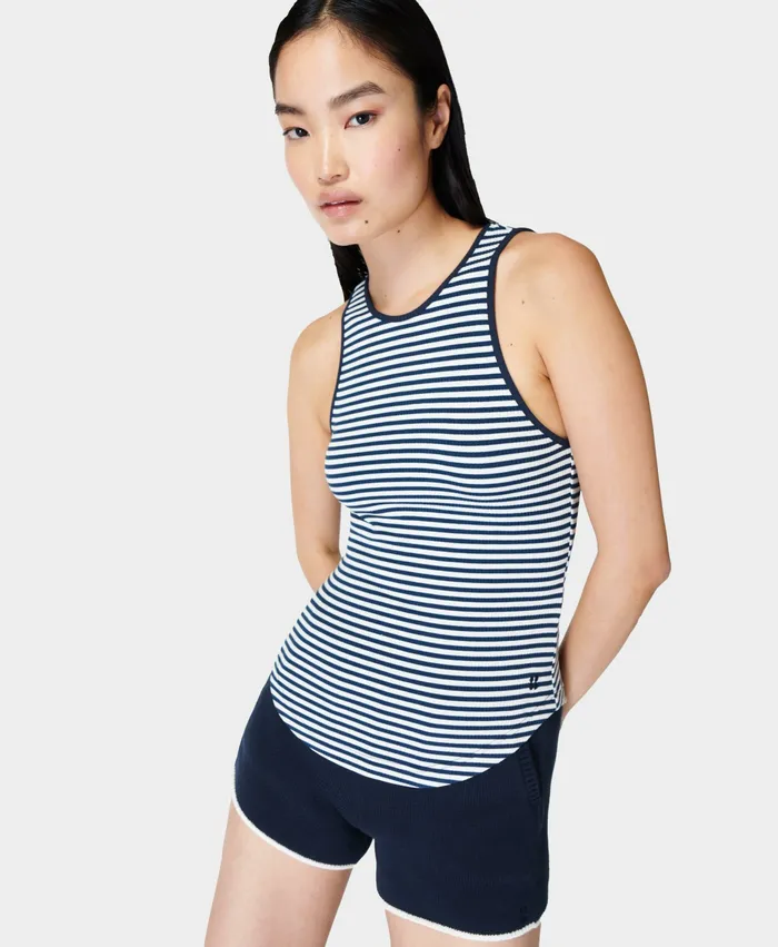 Women Harper Racer Rib Vest Navy White Stripe Vest Tops Sweaty Betty