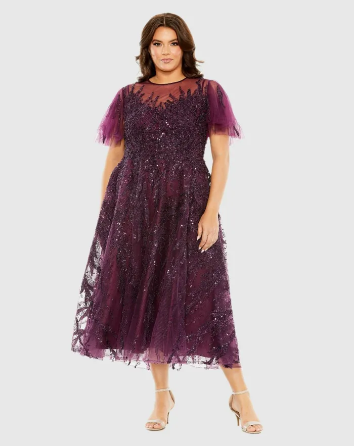 Women High Neck Flutter Sleeve A Line Embellished Dress Plum Plus Size Dresses Mac Duggal Women High Neck Flutter Sleeve A Line Embellished Dress Plum Plus Size Dresses Mac Duggal