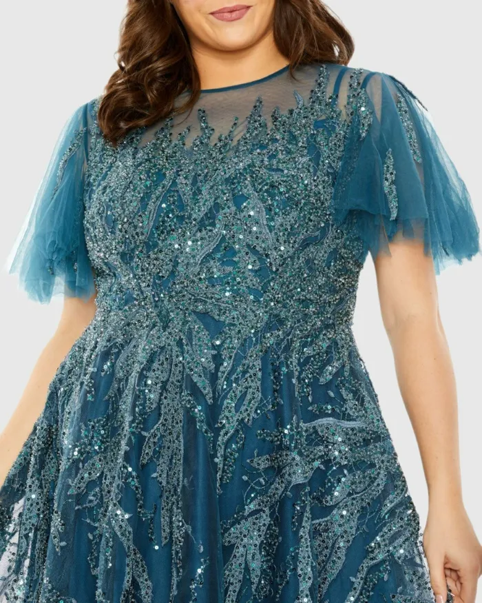 Women High Neck Flutter Sleeve A Line Embellished Dress Plum Plus Size Dresses Mac Duggal Women High Neck Flutter Sleeve A Line Embellished Dress Plum Plus Size Dresses Mac Duggal