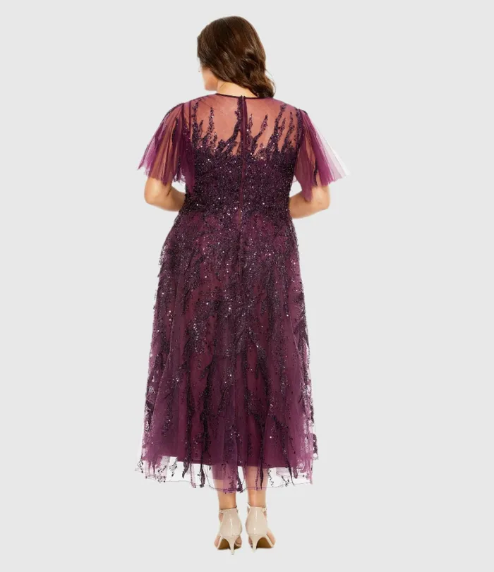 Women High Neck Flutter Sleeve A Line Embellished Dress Plum Plus Size Dresses Mac Duggal Women High Neck Flutter Sleeve A Line Embellished Dress Plum Plus Size Dresses Mac Duggal