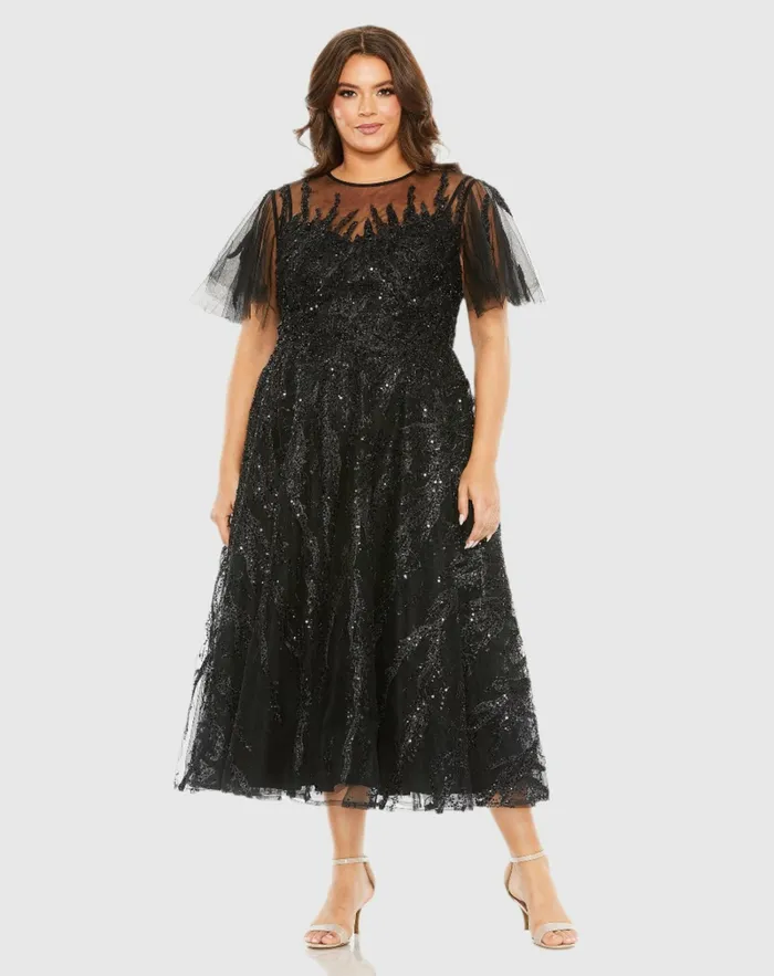 Women High Neck Flutter Sleeve A Line Embellished Dress Plum Plus Size Dresses Mac Duggal Women High Neck Flutter Sleeve A Line Embellished Dress Plum Plus Size Dresses Mac Duggal