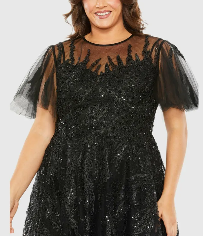 Women High Neck Flutter Sleeve A Line Embellished Dress Plum Plus Size Dresses Mac Duggal Women High Neck Flutter Sleeve A Line Embellished Dress Plum Plus Size Dresses Mac Duggal