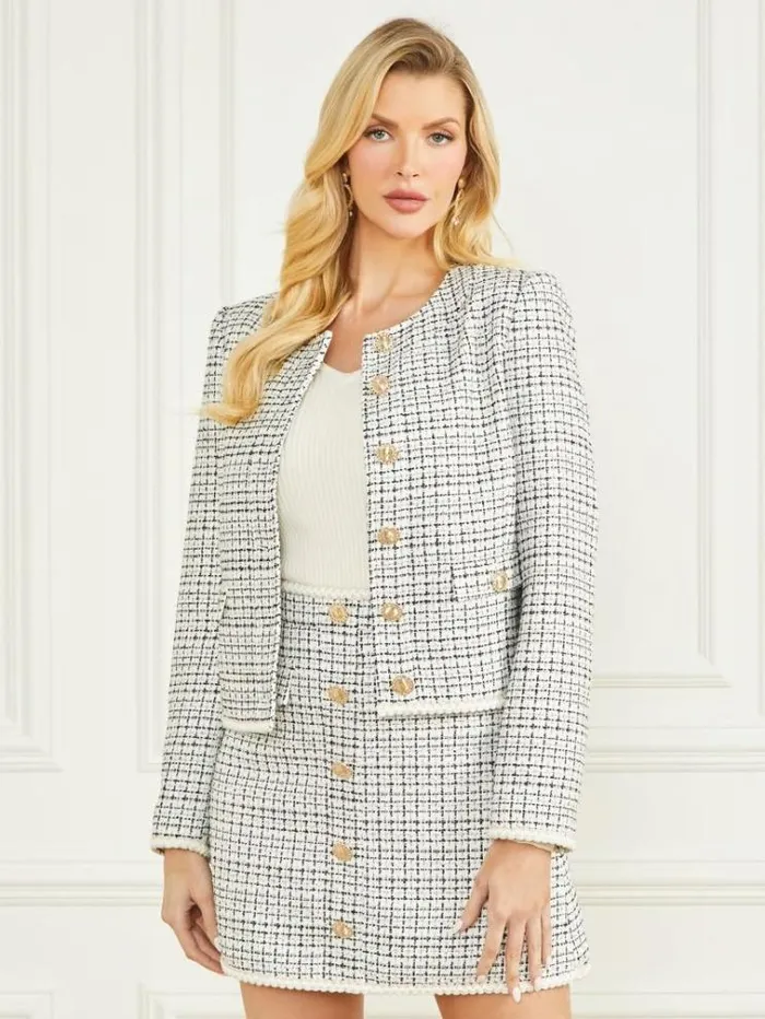 Women Jackets Marciano Provence Tweed Blazer White And Black Tweed Women Jackets Marciano Provence Tweed Blazer White And Black Tweed