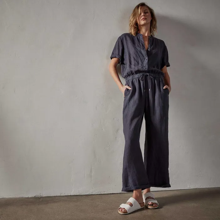 WOMEN James Perse DRESSESJUMPSUITS Lightweight Linen Collarless Jumpsuit Blue Oil