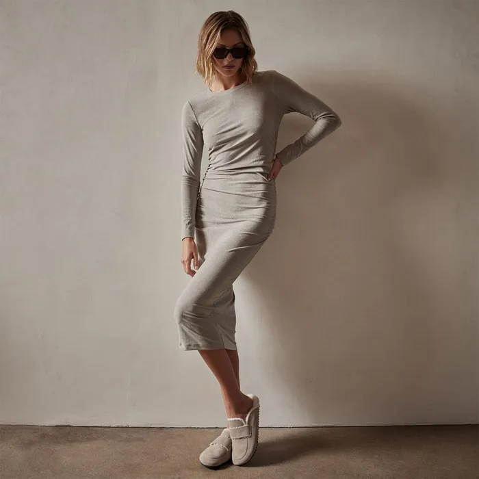 WOMEN James Perse DRESSESJUMPSUITS Ruched Velvet Long Sleeve Dress Dapple