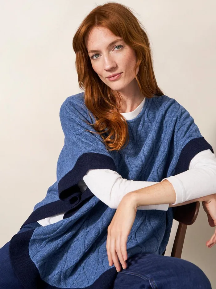 Women KNITWEAR White Stuff Fern Knitted Casual Poncho Mid Blue Women KNITWEAR White Stuff Fern Knitted Casual Poncho Mid Blue