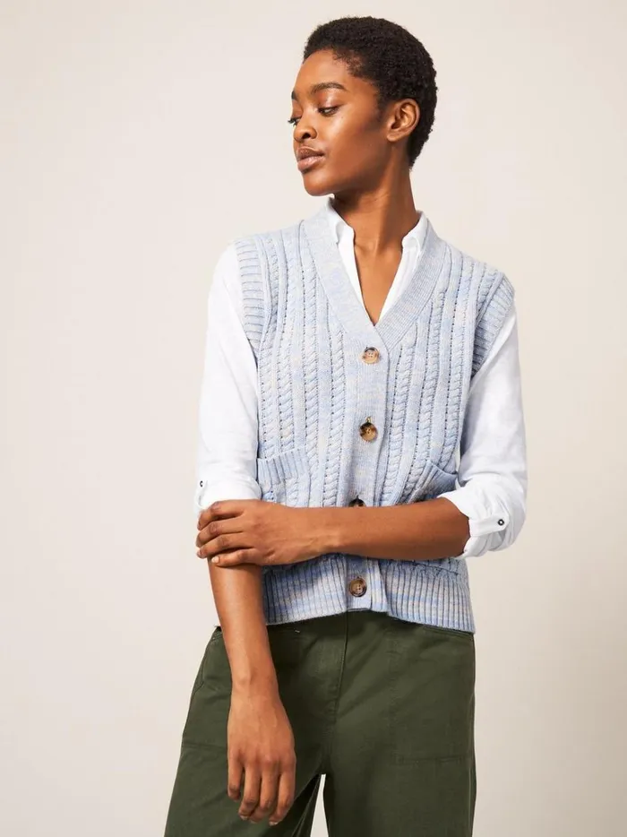 Women KNITWEAR White Stuff SLEEVELESS CABLE CARDI Blue Multi Women KNITWEAR White Stuff SLEEVELESS CABLE CARDI Blue Multi