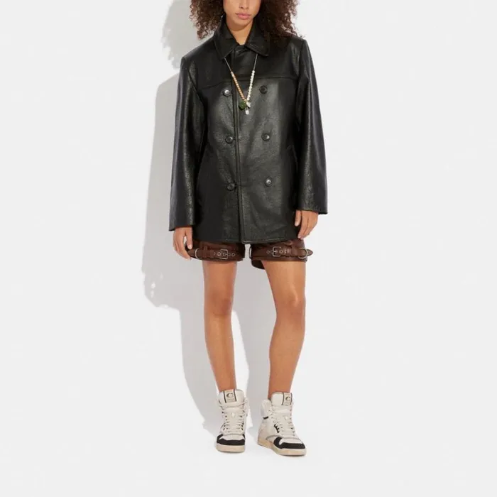 Women Leather Peacoat Blackcocoa Coach Jackets and Outerwear