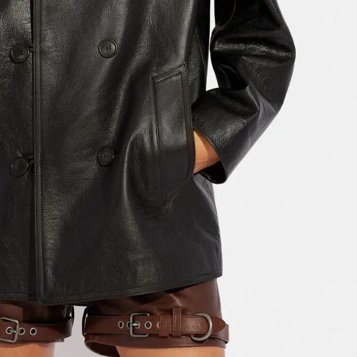 Women Leather Peacoat Blackcocoa Coach Jackets and Outerwear