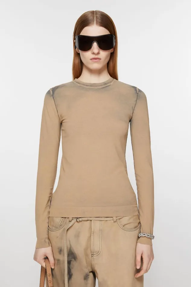 Women Long Sleeve Cutout Tshirt Desert Beige Acne Studios Knitwear