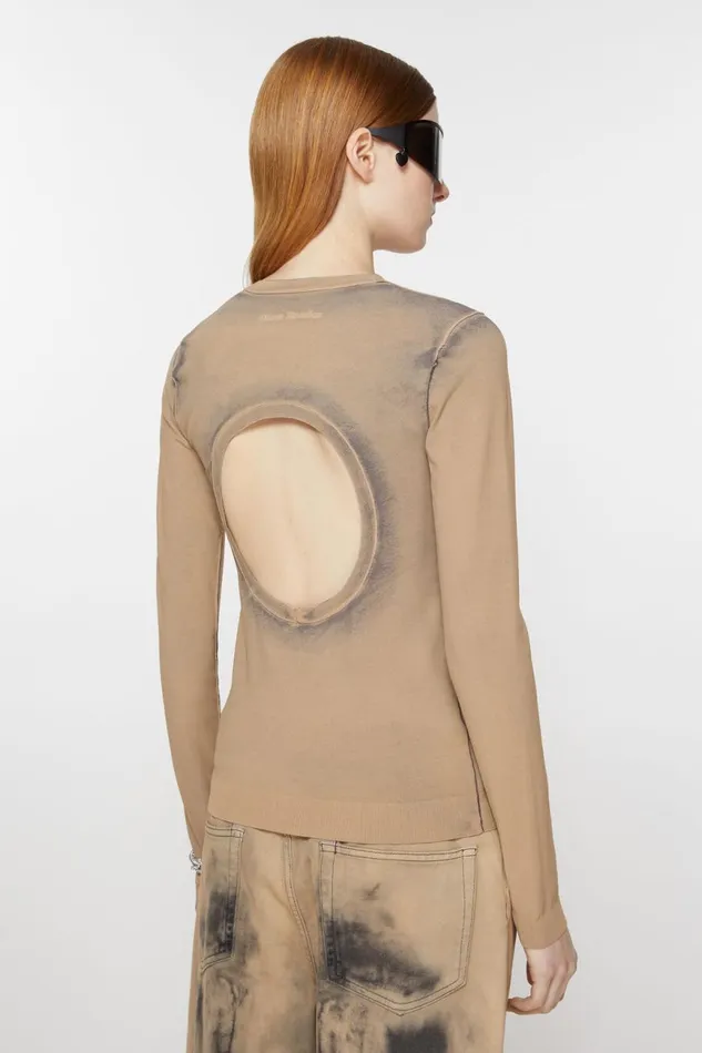 Women Long Sleeve Cutout Tshirt Desert Beige Acne Studios Knitwear