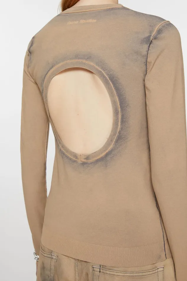 Women Long Sleeve Cutout Tshirt Desert Beige Acne Studios Knitwear