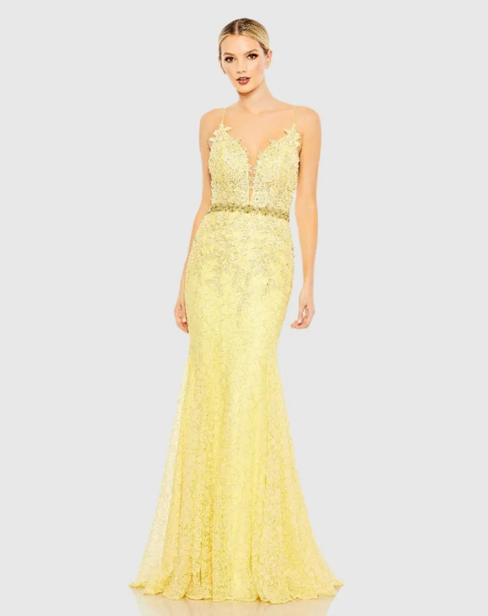 Women Mac Duggal Applique Sleeveless Plunge Neck Trumpet Gown Lemon Evening Gowns