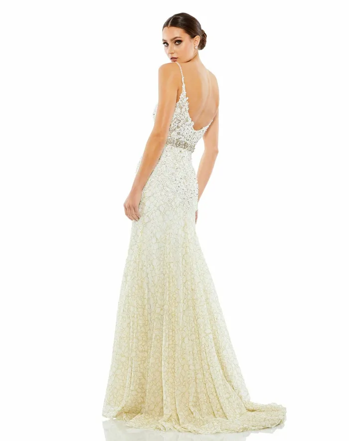 Women Mac Duggal Applique Sleeveless Plunge Neck Trumpet Gown Lemon Evening Gowns