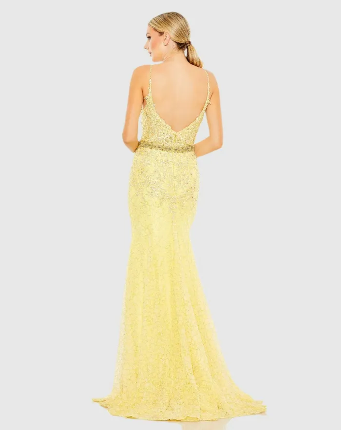 Women Mac Duggal Applique Sleeveless Plunge Neck Trumpet Gown Lemon Evening Gowns