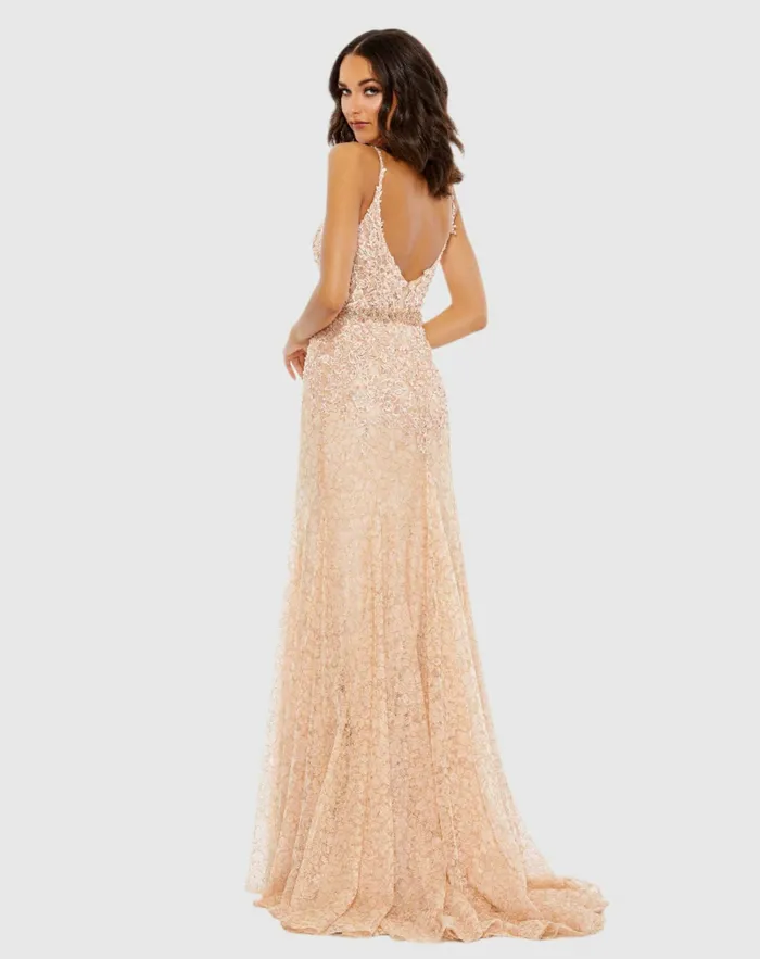 Women Mac Duggal Applique Sleeveless Plunge Neck Trumpet Gown Lemon Evening Gowns