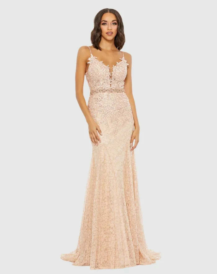 Women Mac Duggal Applique Sleeveless Plunge Neck Trumpet Gown Lemon Evening Gowns