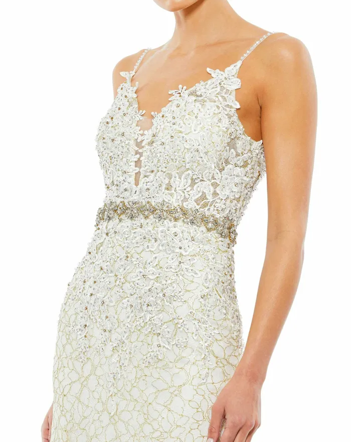 Women Mac Duggal Applique Sleeveless Plunge Neck Trumpet Gown Lemon Evening Gowns