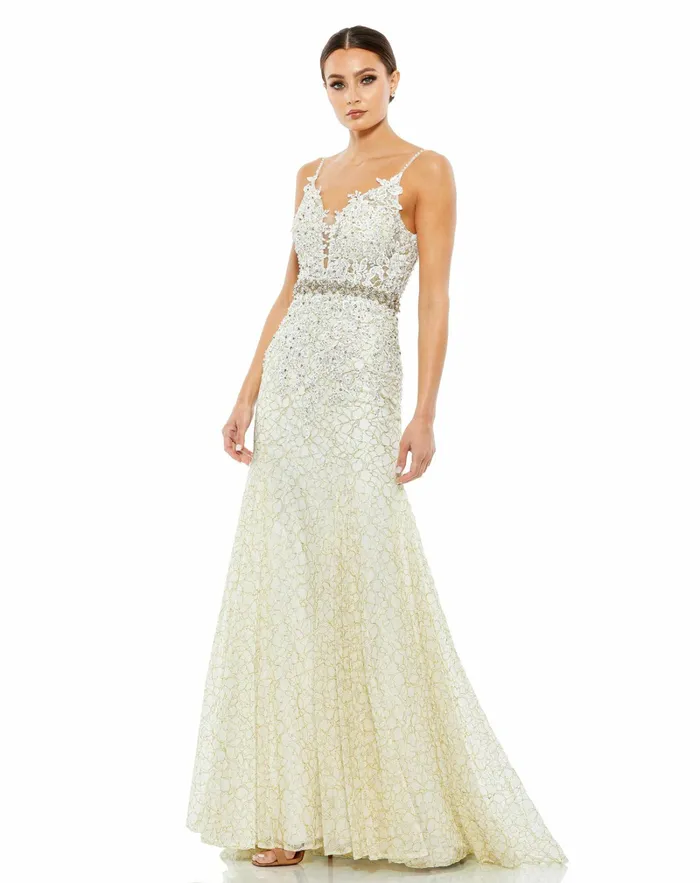 Women Mac Duggal Applique Sleeveless Plunge Neck Trumpet Gown Lemon Evening Gowns