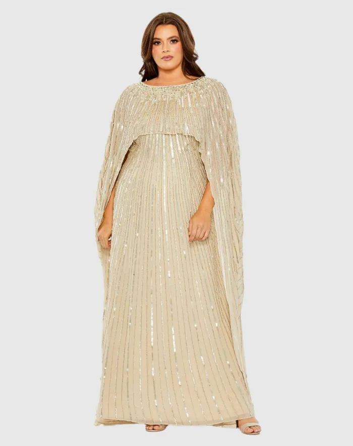 Women Mac Duggal Embellished Column Cape Dress Champagne Plus Size Dresses