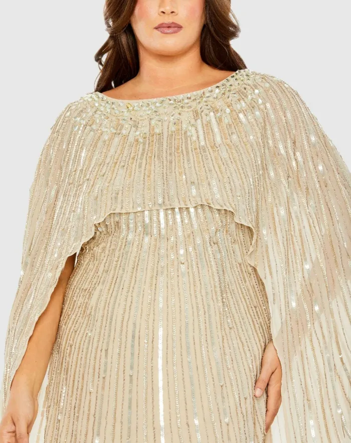 Women Mac Duggal Embellished Column Cape Dress Champagne Plus Size Dresses